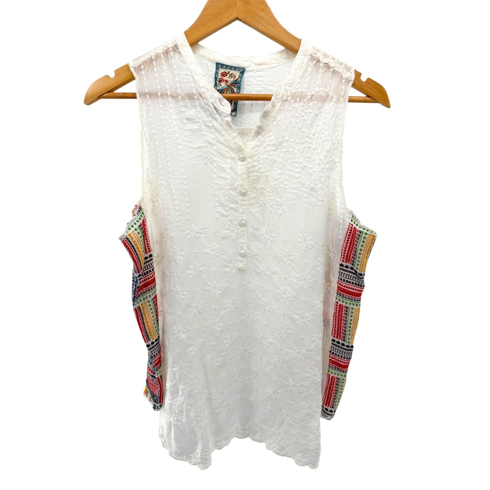Johnny Was White Embroidered Sleeveless Button Tank‎ Blouse Small Boho Festival